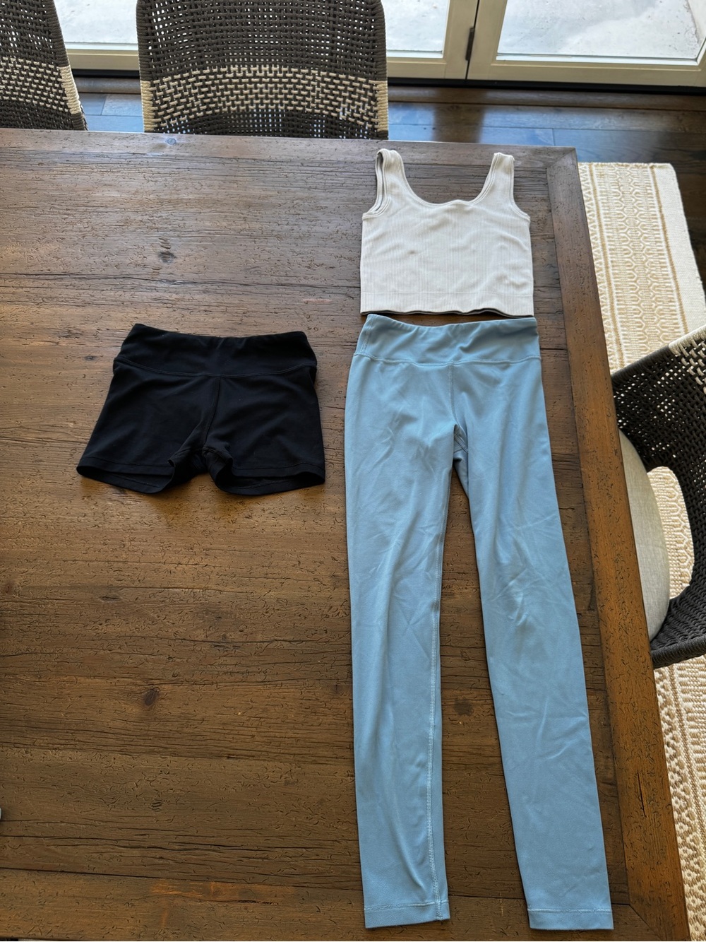 Athleta Girl Bundle Crop Tank with Black Bike Shorts and Light Blue Leggings